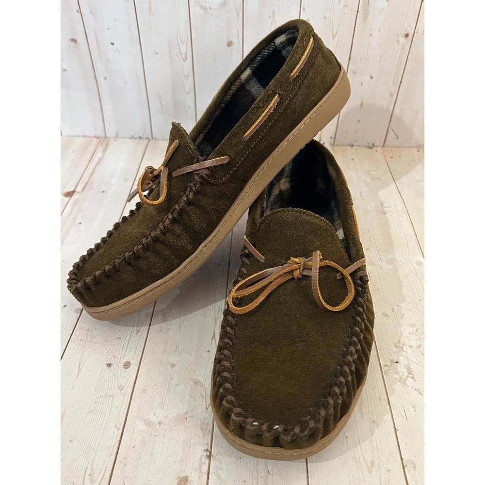 Minnetonka Mens Solid Plaid 41322  Brown Flat Slip On Moccasin Slipper Size 12M